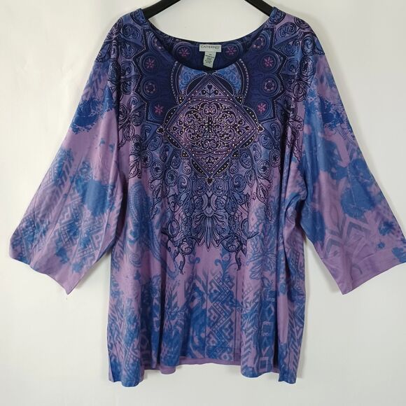Catherines Top 4X Embellished Dyed Paisley 3/4 Sleeve Stretch Boho Whimsigoth - Picture 1 of 9